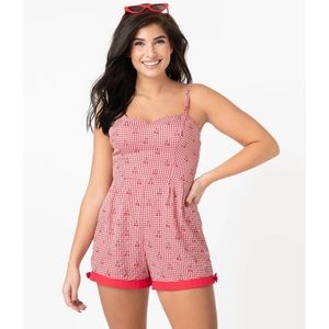 NWOT Unique Vintage Red Gingham & Cherry 🍒 Print Romper - XL